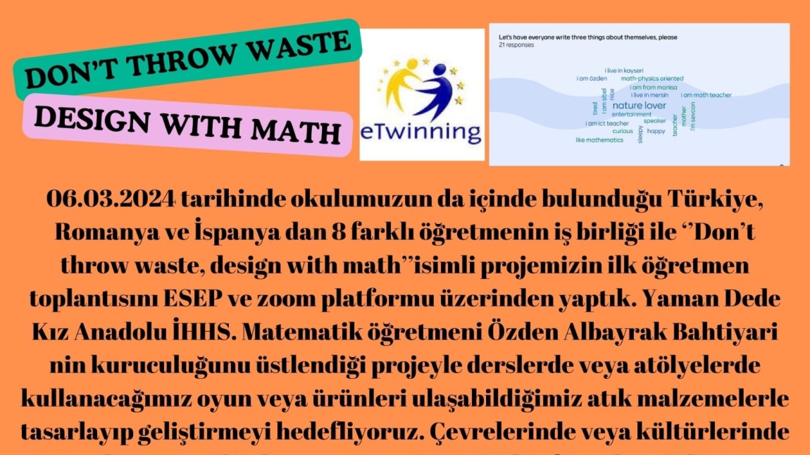 Don't Throw Waste Design With Math İsimli E-twinning Projemiz Başlıyor